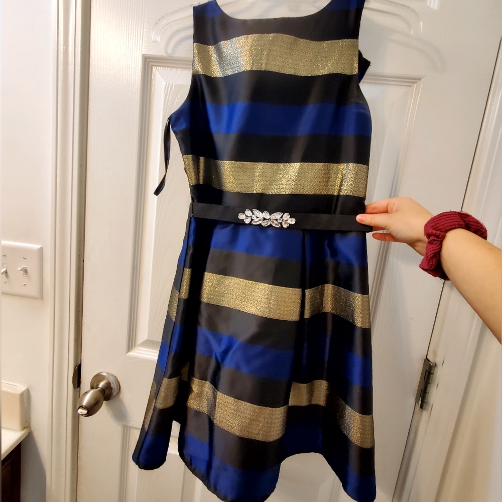 Black, Navy Blue, and Gold Striped Dress